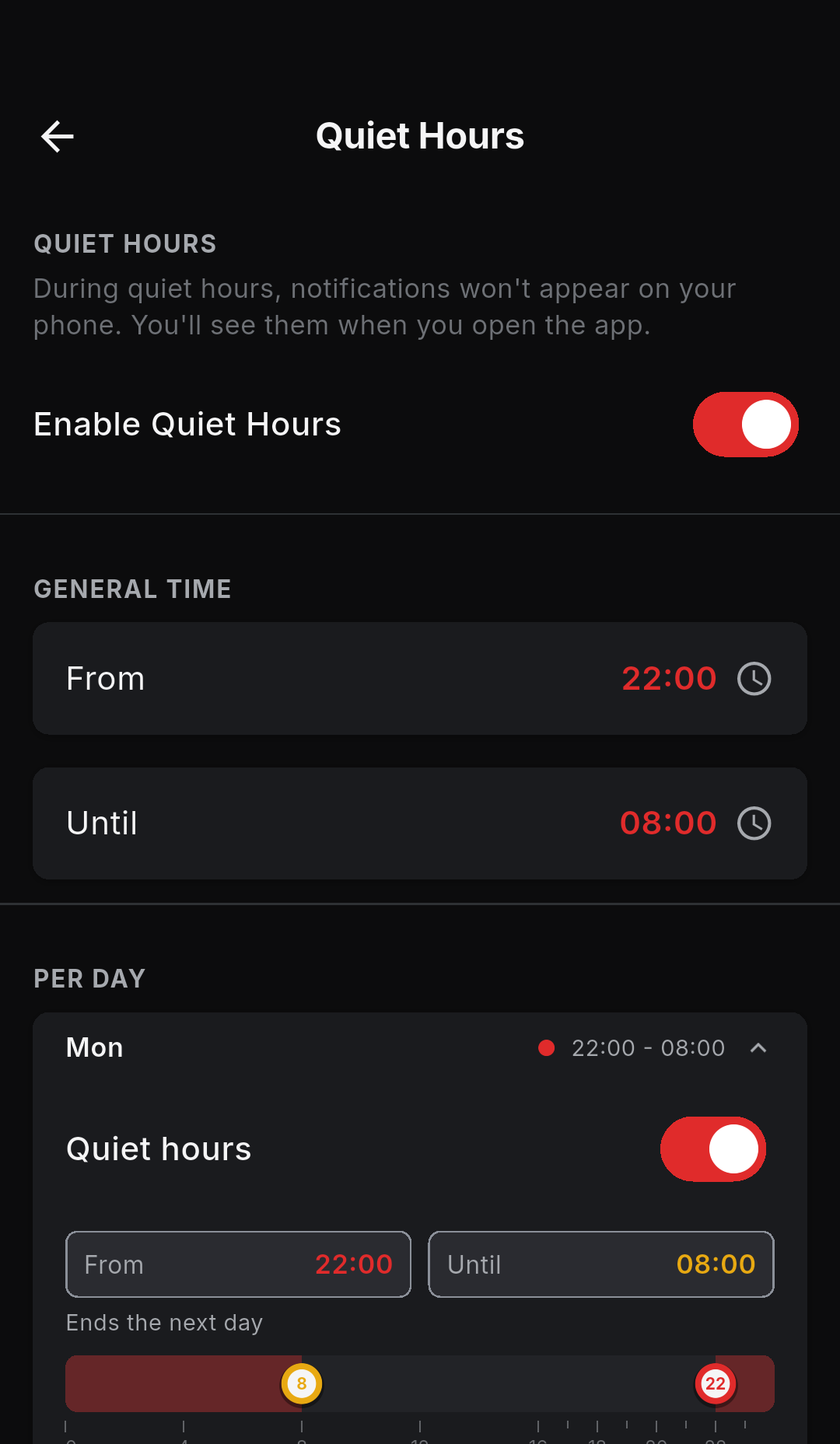 Quiet hours settings with a per-day schedule