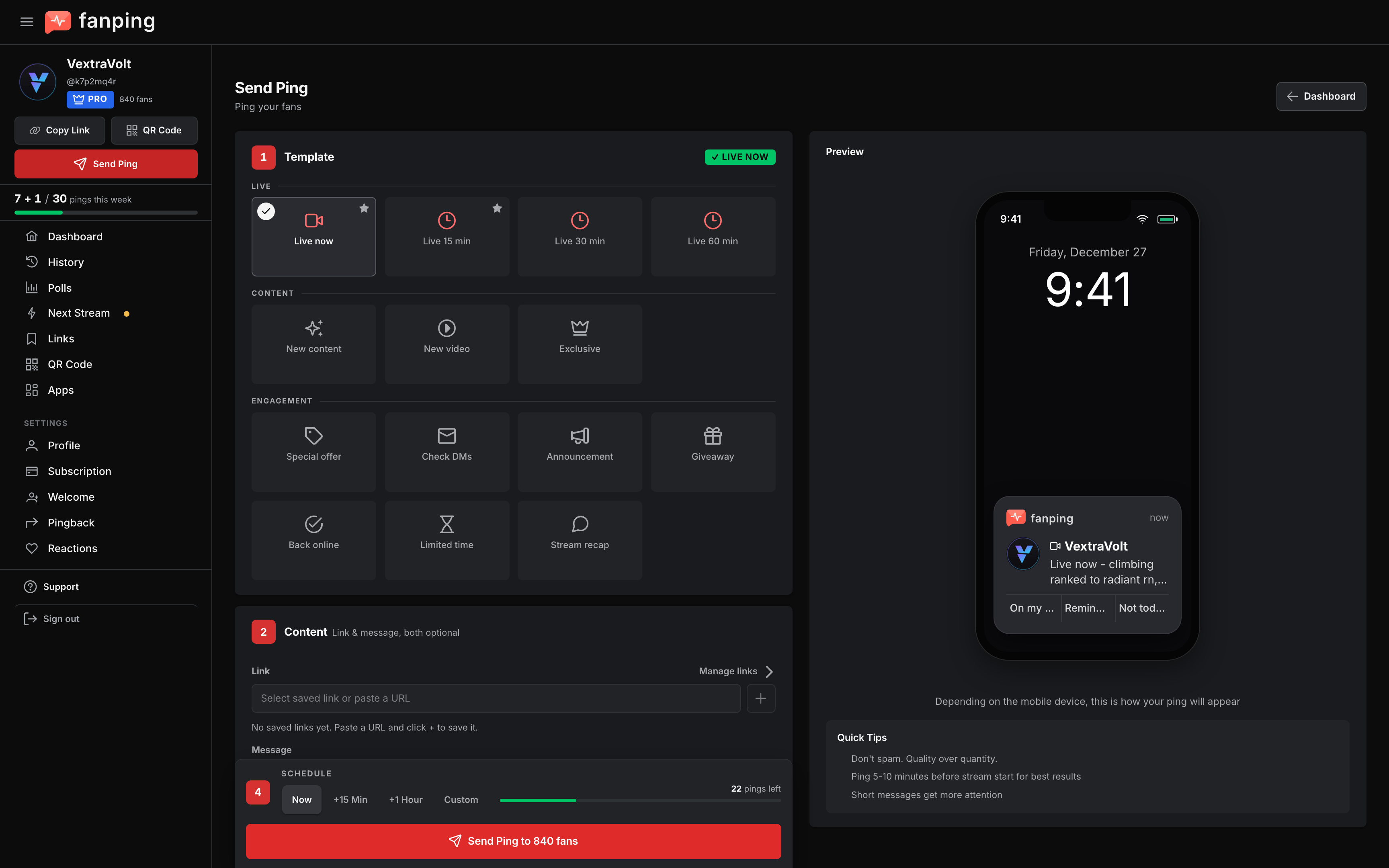 The send-ping screen: pick a template, then preview exactly how the ping lands on a fan's lockscreen