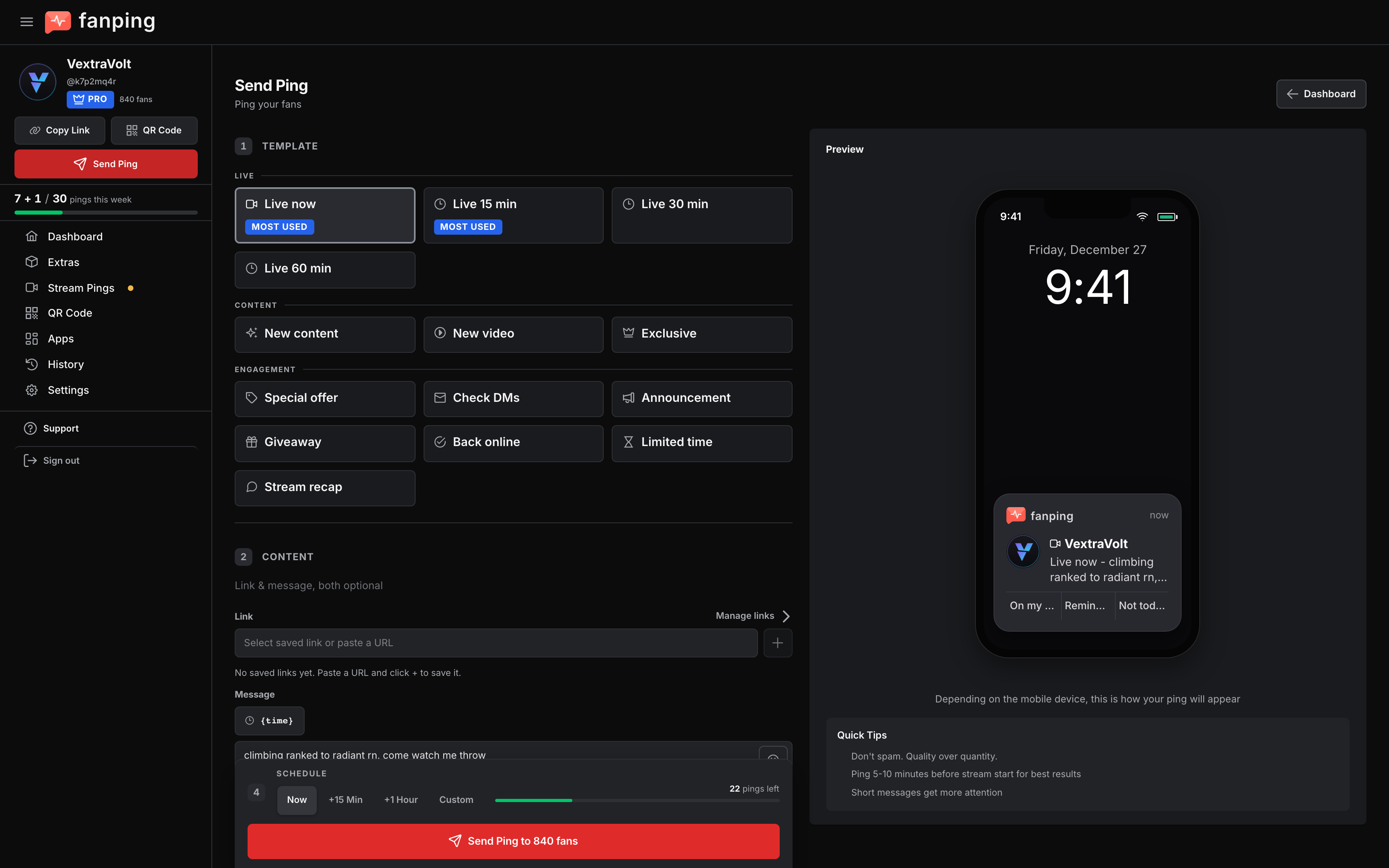 The send-ping screen: pick a template, then preview exactly how the ping lands on a fan's lockscreen