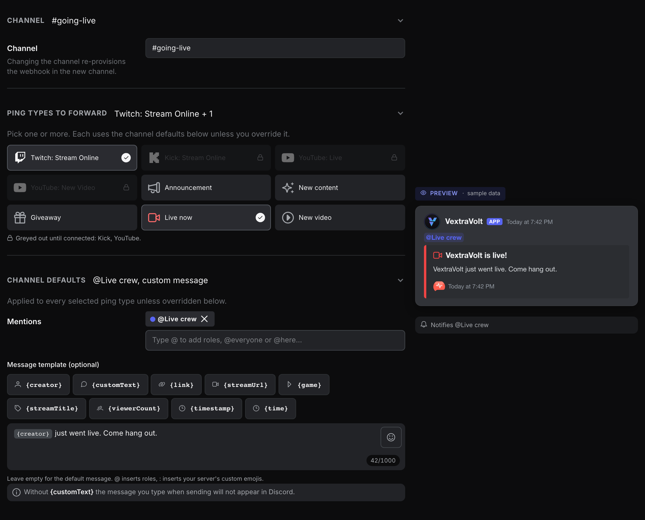 fanping dashboard channel editor: ping types to forward, message template with variables, mention picker and a live Discord embed preview (demo data)