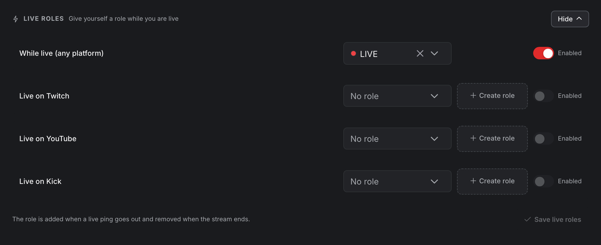 Live roles in the fanping dashboard: four slots with role pickers, enable switches and a save button (demo data)