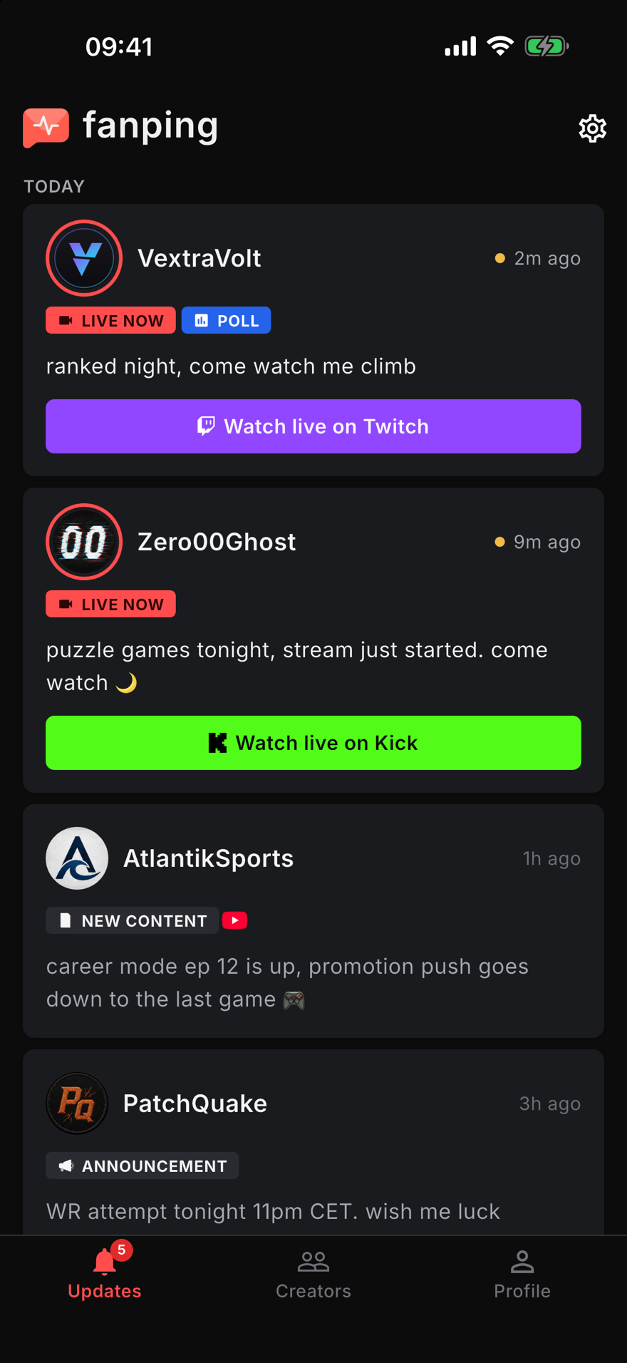 fanping app home feed showing go-live pings from the creators you follow