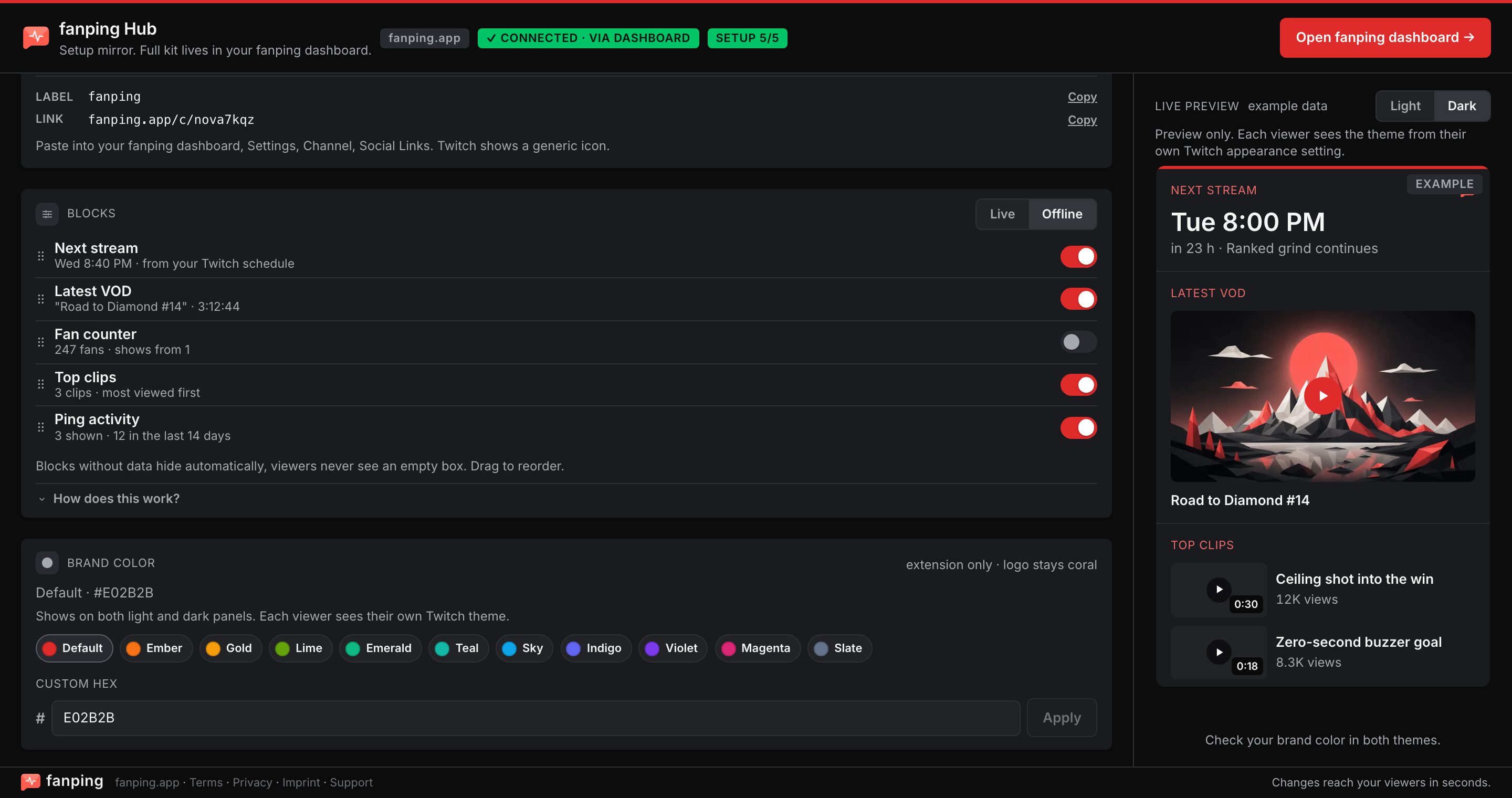 fanping Hub broadcaster config: per-block toggles for live and offline, drag-to-reorder, and a pinned live preview with example data