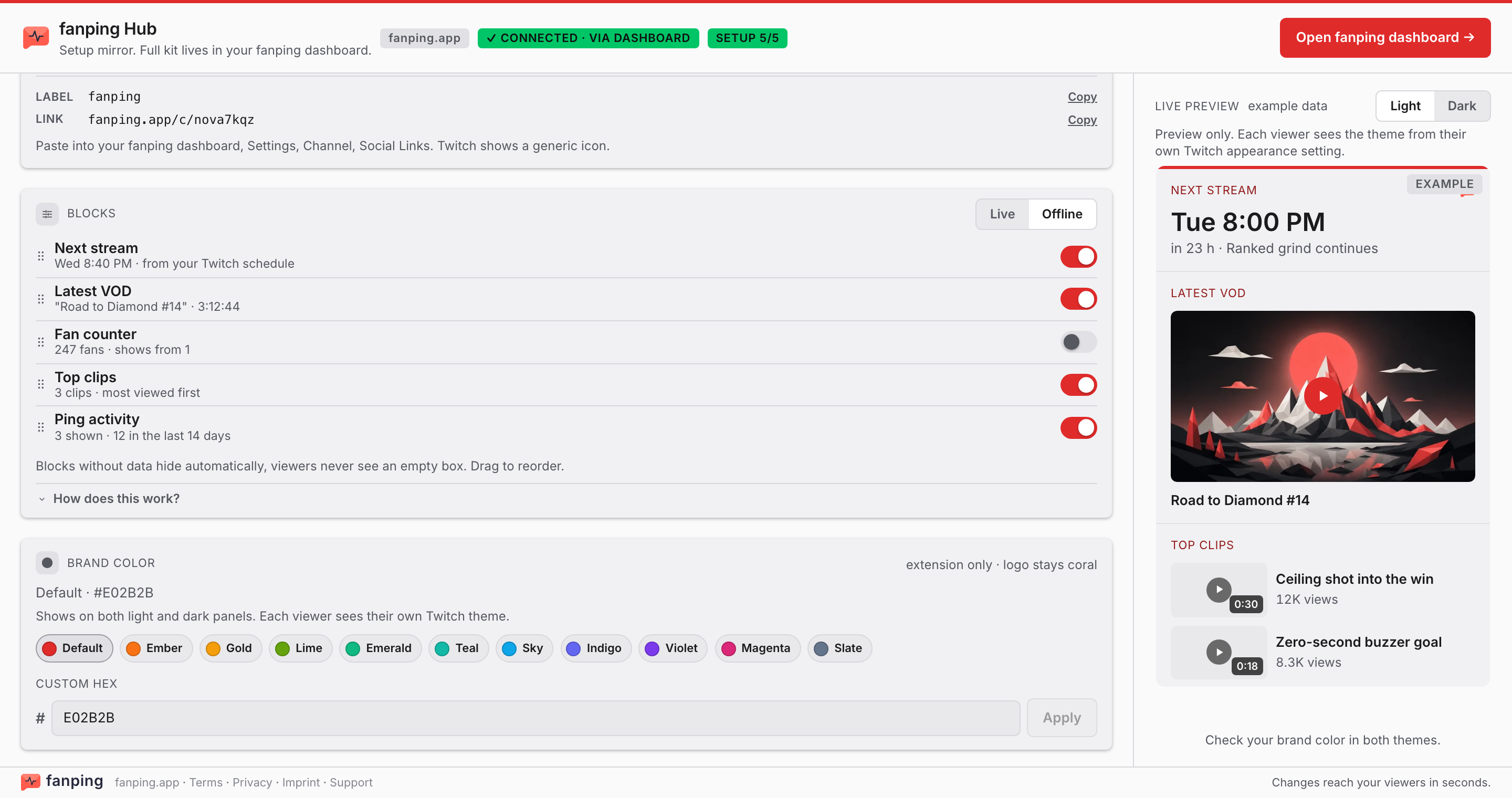 fanping Hub broadcaster config: per-block toggles for live and offline, drag-to-reorder, and a pinned live preview with example data
