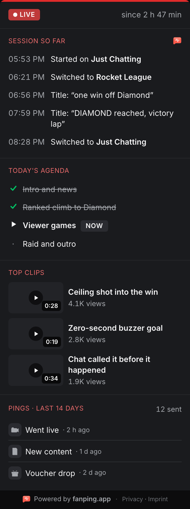 fanping Hub panel three hours into a stream: grown session recap and agenda mostly done (demo data)