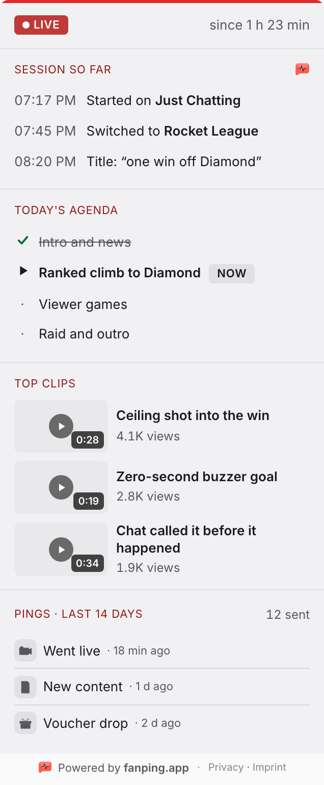 fanping Hub panel while the channel is live: session recap and today's agenda with ticked-off items (demo data)