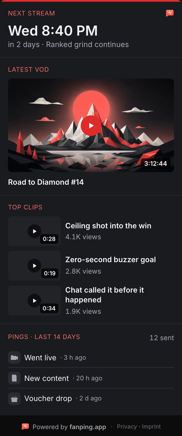 fanping Hub panel while the channel is offline: next stream, latest VOD and top clips (demo data)
