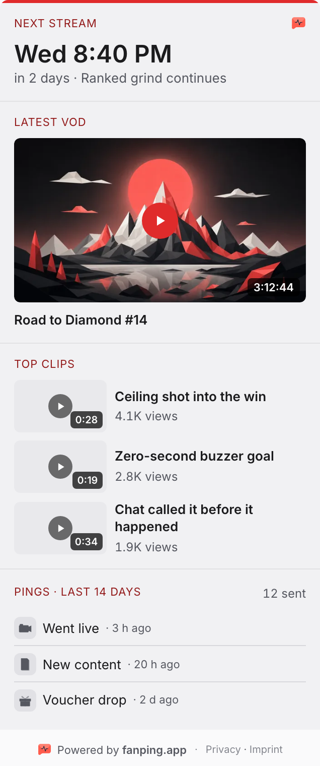 fanping Hub panel while the channel is offline: next stream, latest VOD and top clips (demo data)