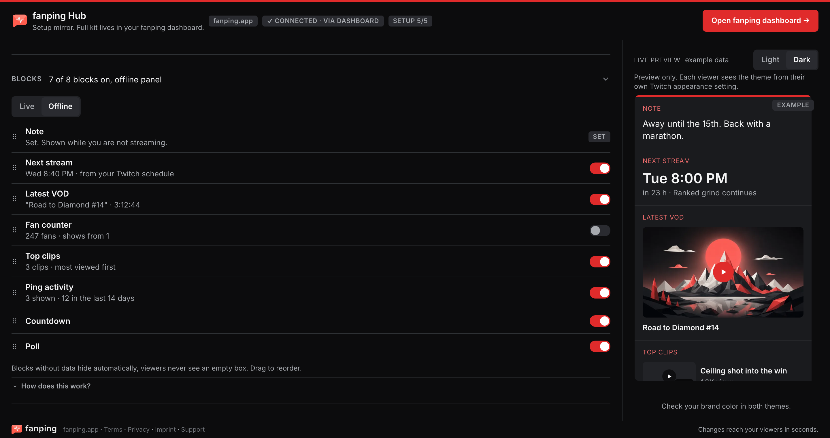 fanping Hub broadcaster config: per-block toggles for live and offline, drag-to-reorder, and a pinned live preview with example data