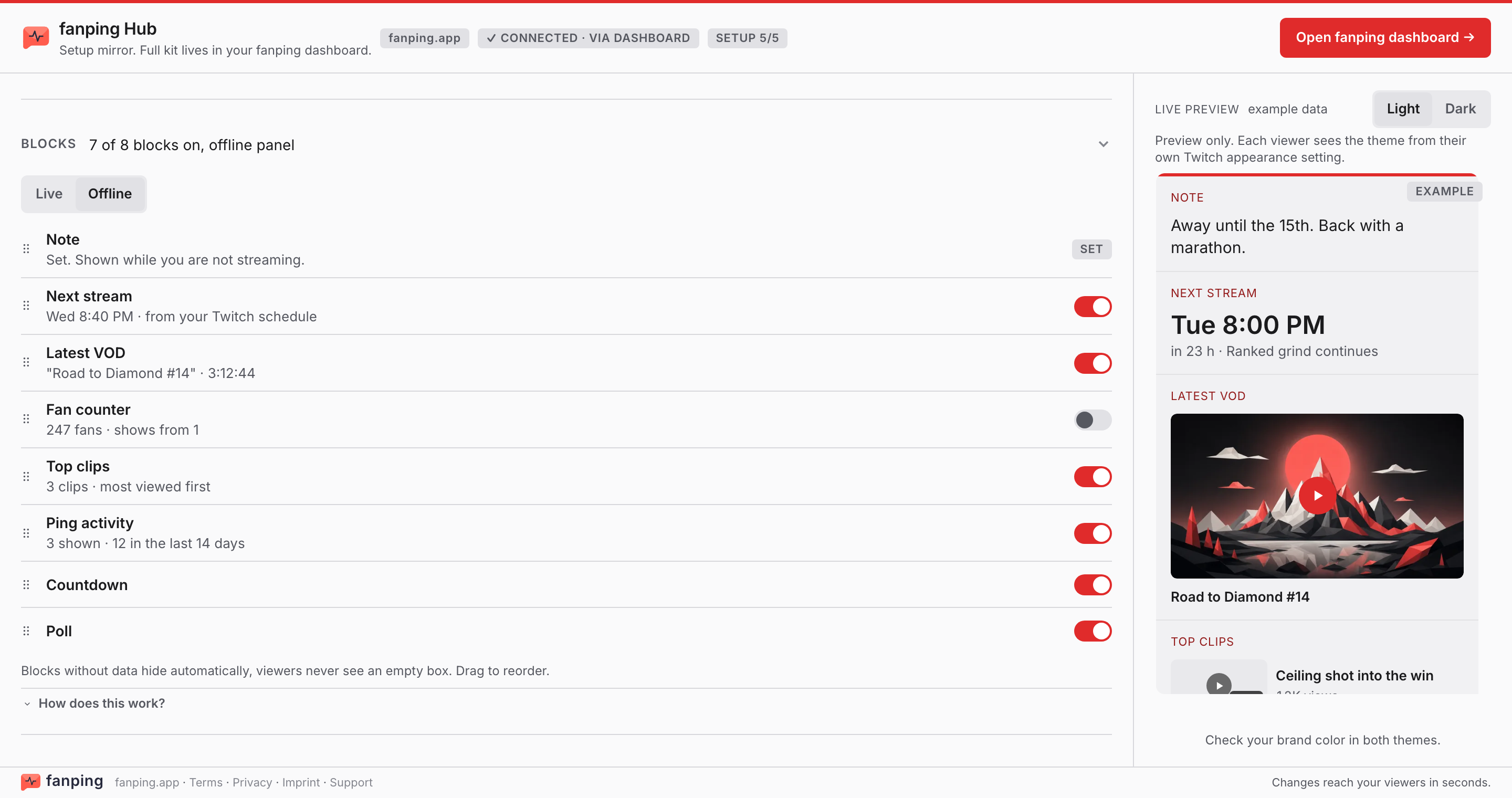 fanping Hub broadcaster config: per-block toggles for live and offline, drag-to-reorder, and a pinned live preview with example data