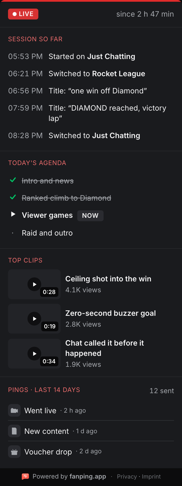 fanping Hub panel three hours into a stream: grown session recap and agenda mostly done (demo data)