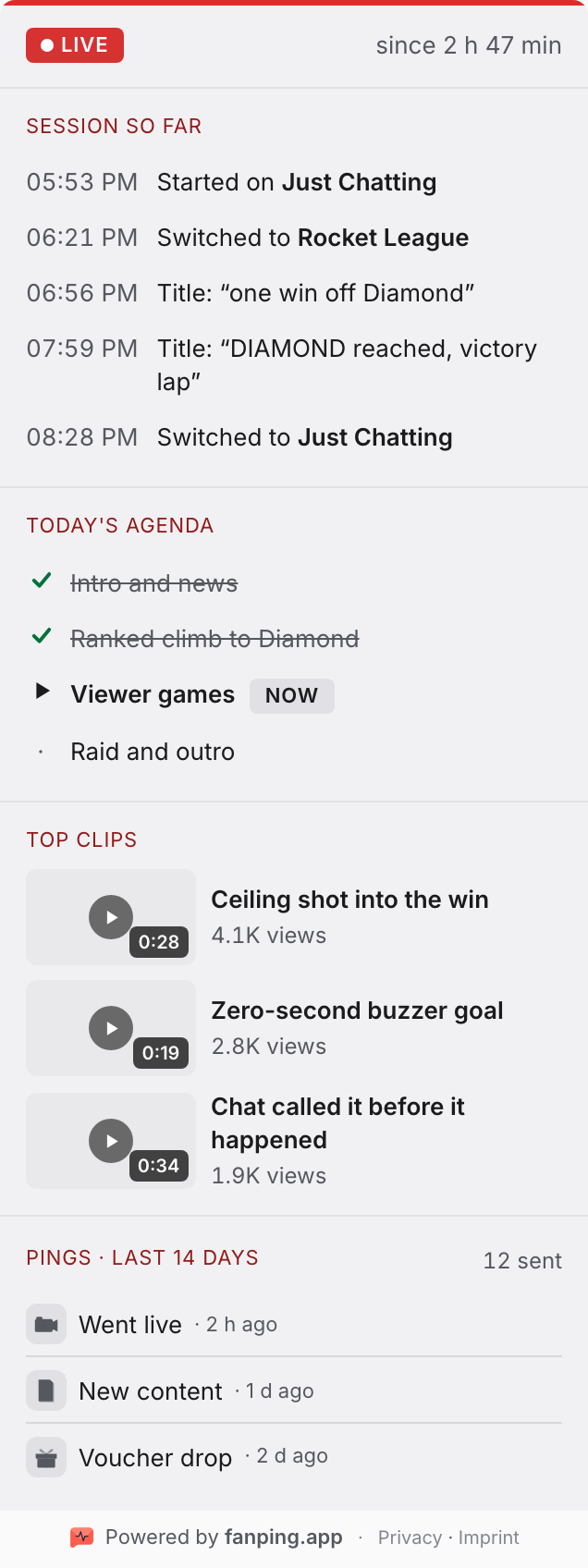 Close-up of the session recap after almost three hours live (demo data)