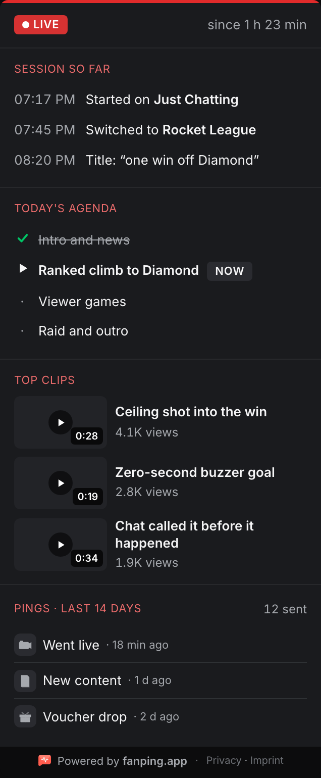 fanping Hub panel while the channel is live: session recap and today's agenda with ticked-off items (demo data)