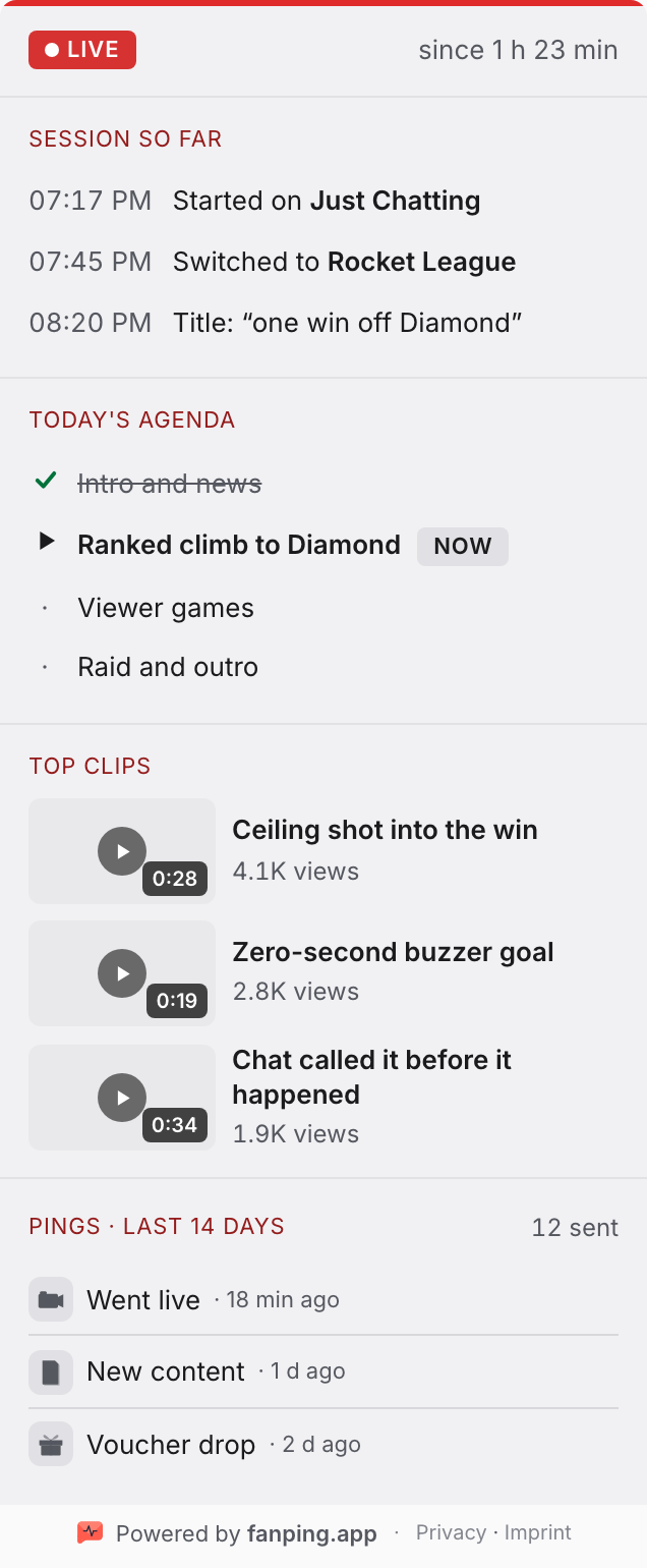 fanping Hub panel while the channel is live: session recap and today's agenda with ticked-off items (demo data)
