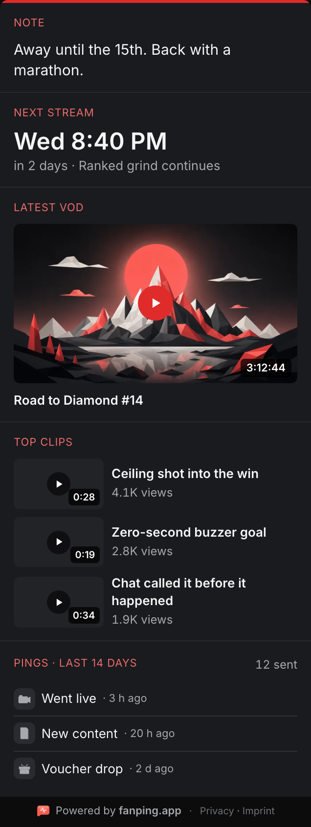 fanping Hub panel while the channel is offline: next stream, latest VOD and top clips (demo data)