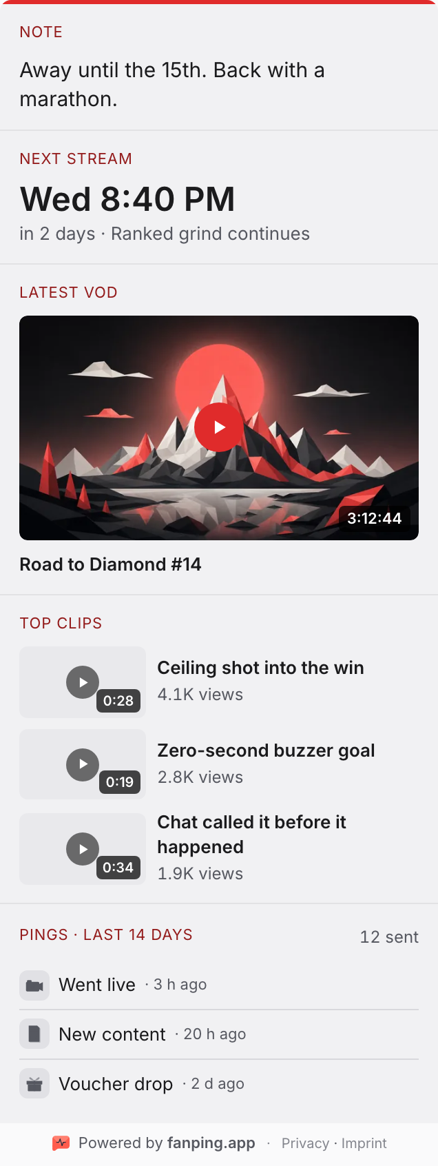 fanping Hub panel while the channel is offline: next stream, latest VOD and top clips (demo data)